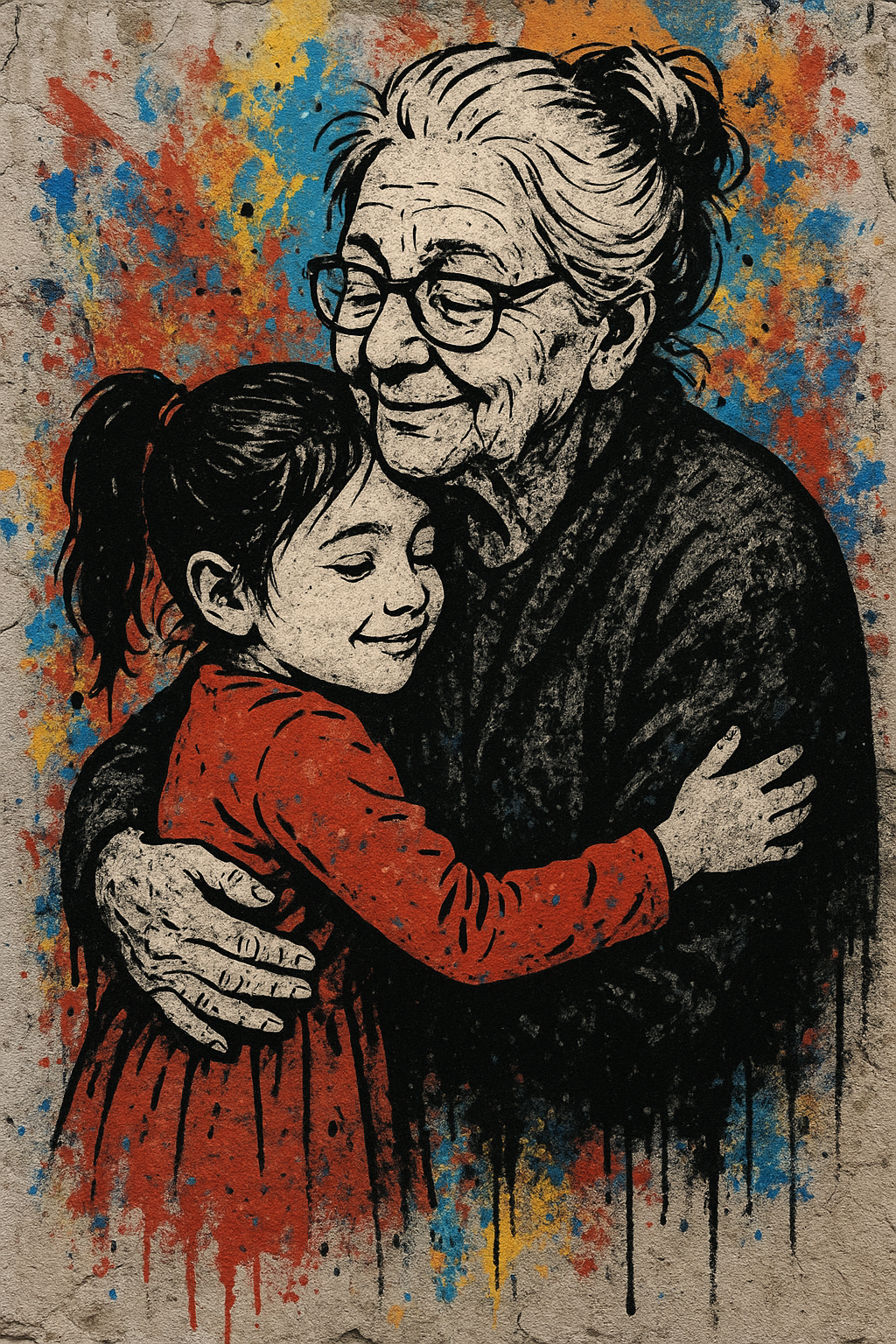 TOILE STREET ART GRAND MERE PETITE FILLE